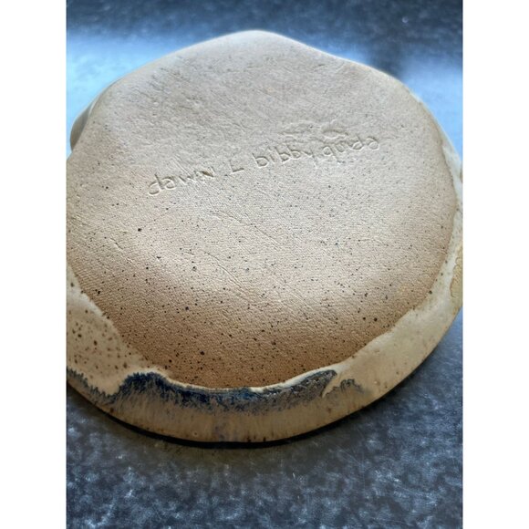 1980's Ceramic Trinket Dish Handmade Signed By Artist Unique Shape Blue Brown - Picture 6 of 6